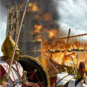 Tyrian Fire Ship Attacks Alexander's Siege Towers