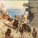 A painting depicts Macedonian soldiers attacking Tyre.