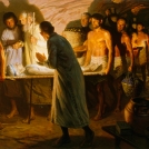 Abraham walks beside body of Sarah into a cave tomb.